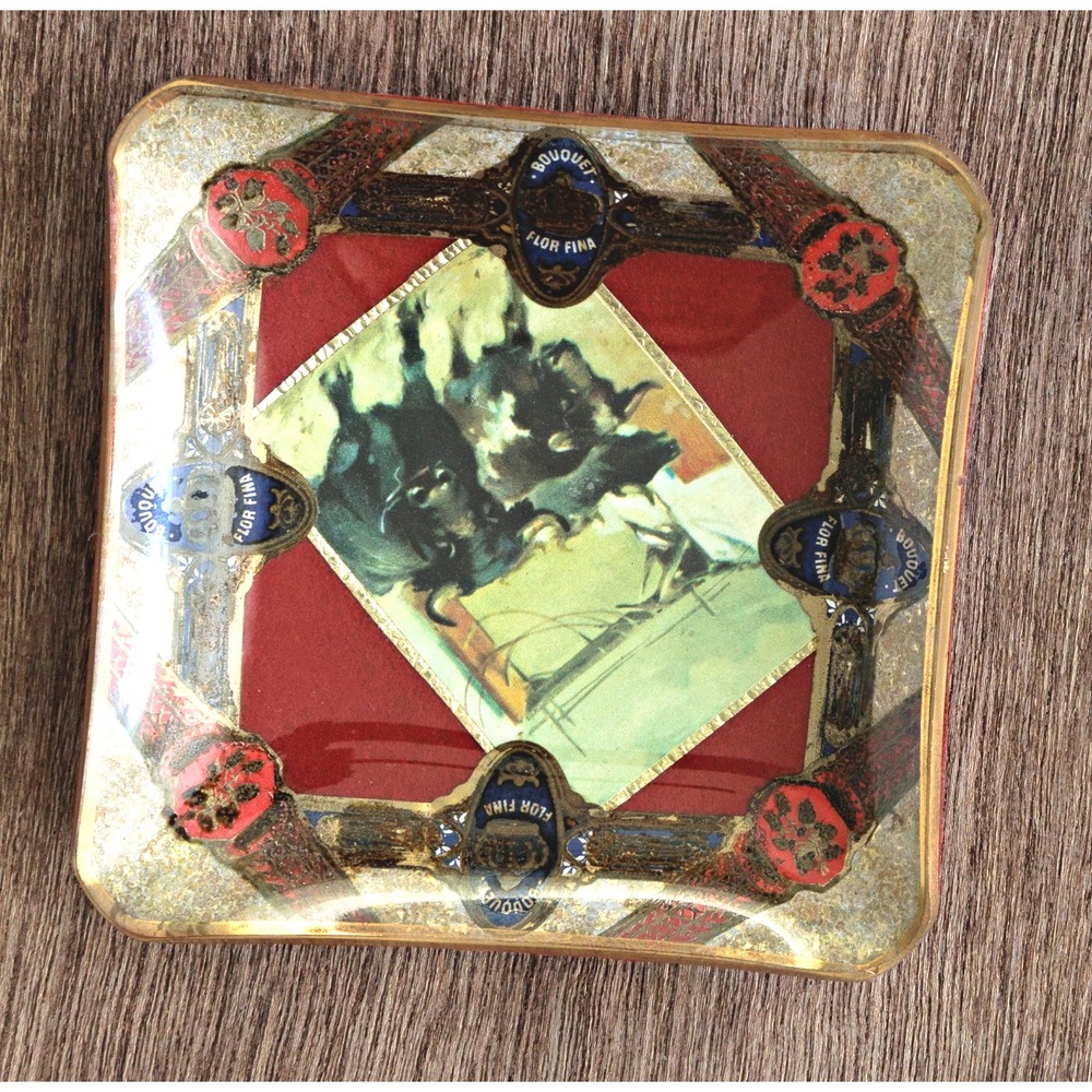 Vintage Cigar Band Decoupage Glass Ashtray Flor Fina Running Bulls Mid Century